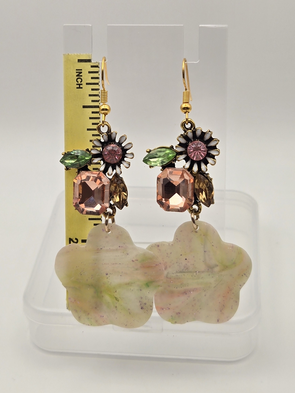#B452- Pink Floral Statement Drop Earrings with Green and Gold Accents - Picture 2 of 4